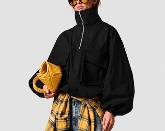 Oversized Utility Jacket Women, Half Zip Pullover Jacket, High Collar Windbreaker, Cargo Pocket Streetwear, Lightweight Fall Jacket