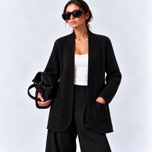 Black Long Cardigan for Women, Open Front Knit Jacket, Loose Fit Long Sleeve Sweater, Minimalist Fall Layering Top