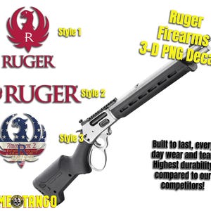 Puede incluir: Una calcoman&iacute;a PNG 3D de un arma de fuego Ruger. La imagen incluye tres estilos de logotipo diferentes, el logotipo de Ruger y el texto "Ruger Firearms 3-D PNG Decal!". La calcoman&iacute;a est&aacute; construida para durar y es duradera.