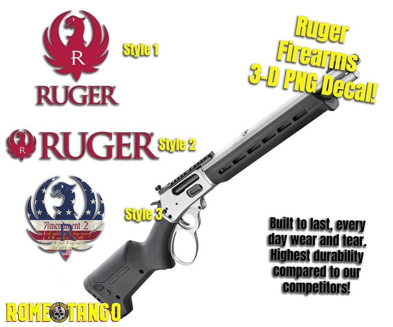 Puede incluir: Una calcoman&iacute;a PNG 3D de un arma de fuego Ruger. La imagen incluye tres estilos de logotipo diferentes, el logotipo de Ruger y el texto "Ruger Firearms 3-D PNG Decal!". La calcoman&iacute;a est&aacute; construida para durar y es duradera.