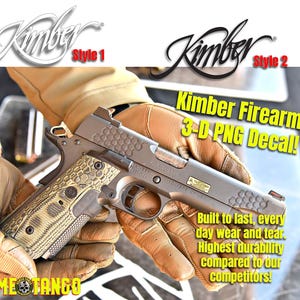 May include: A handgun with a patterned grip is held by a person wearing gloves. The gun has a silver finish with a honeycomb pattern on the slide. Text on the image reads "Kimber Firearms 3-D PNG Decal!" and "Built to last, every day wear and tear."