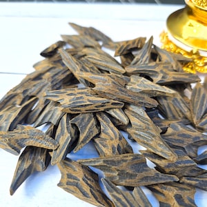 May include: A pile of dark brown, textured wood chips with black veining. The chips have irregular shapes and pointed edges. The wood appears to be aged and weathered, with a natural, organic appearance. The background is a white surface.