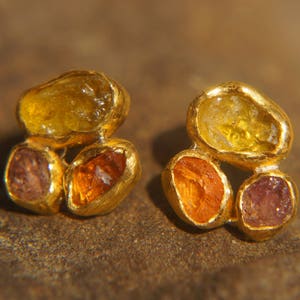 solid 24k gold-orange sapphire yellow tourmaline Stud -raw gem stone-stud earrings-24k gold earrings-raw gem earrings, handmade gold studs