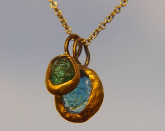 Medium 24k gold pendant//gold charm necklace//gemstone pendant//raw gem pendant//24 k gold pendant//solid gold diamond//color gem necklace