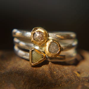 3 rough diamond ring-gold stacking ring-stacking rings set-gefen-engagement ring-raw diamond ring-alternative diamond-white diamond ring