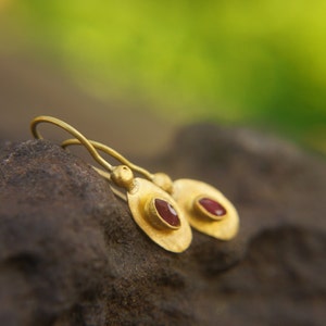 24k Gold dangle ruby earring, hand made one of a kind gold dangle, rustic organic gold earrings, 24k ruby earrings, Gold ruby earrings