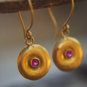 24k Gold dangle ruby earring, hand made one of a kind gold dangle, rustic organic gold earrings, 24k ruby earrings, Gold ruby earrings