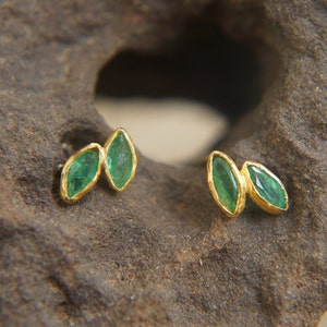 solid 24k gold//marquise emerald Studs// emerald Earrings//gold stud earrings//24k gold earrings//green emerald gold studs//hand made studs image 1