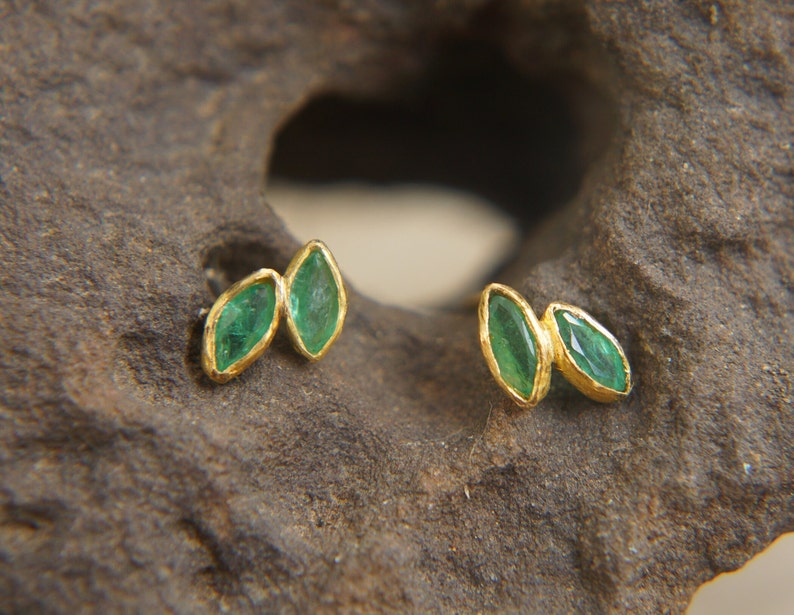 solid 24k gold//marquise emerald Studs// emerald Earrings//gold stud earrings//24k gold earrings//green emerald gold studs//hand made studs image 1