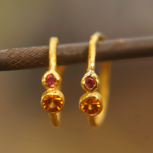 red gem gold hoops 24k solid gold, hand made artisan gold hoops. gold small hoops gold with sapphire earrings, organic gold hoops sapphire