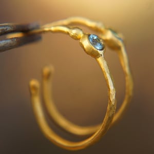 24k gold hoop earring//blue topaz hoop earring//24k gold jewelry//handmade artisan hoop earring//artisan fine gold hoops//unique rustic hoop