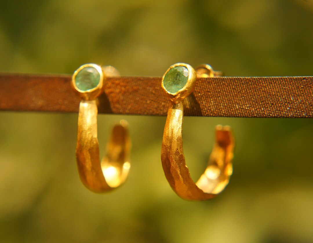 Emerald Gold Hoops 24k Solid Gold Handmade Artisan Gold Hoops Etsy