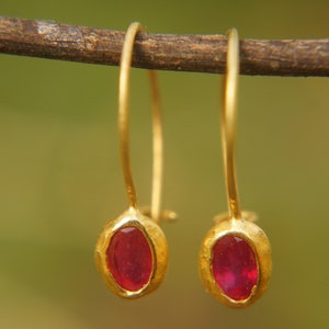 ruby gold dangle//24k solid gold earrings//handmade artisan ruby earrings//gold ruby dangle//ruby earrings