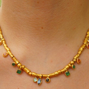 24k gold beaded charm necklace//24k multi stone bracelet//24k gold necklace//charm bracelet with gem stone//gold beaded necklace