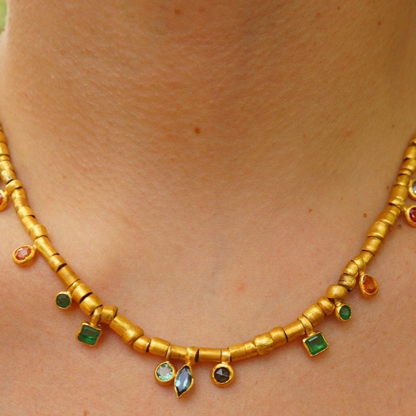 24k Gold Perlen Charm Halskette/24k Multi Stein Armband/24k Gold Halskette/Charm Armband mit Edelstein