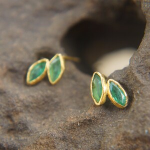 solid 24k gold//marquise emerald Studs// emerald Earrings//gold stud earrings//24k gold earrings//green emerald gold studs//hand made studs image 6