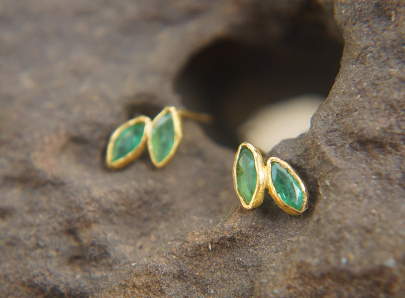 solid 24k gold//marquise emerald Studs// emerald Earrings//gold stud earrings//24k gold earrings//green emerald gold studs//hand made studs image 6