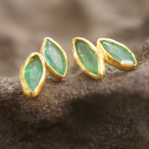 solid 24k gold//marquise emerald Studs// emerald Earrings//gold stud earrings//24k gold earrings//green emerald gold studs//hand made studs image 8