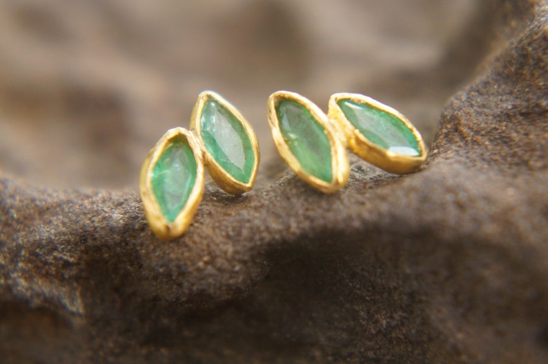 solid 24k gold//marquise emerald Studs// emerald Earrings//gold stud earrings//24k gold earrings//green emerald gold studs//hand made studs image 8