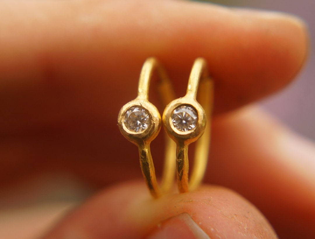 Moissanite Gold Hoops 22k Solid Gold/hand Made Artisan Gold Hoop/gold Small Hoops/gold With