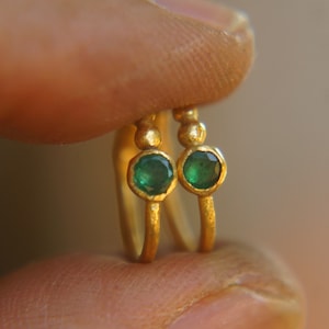 emerald gold hoops 22k solid gold//handmade artisan gold hoops//gold small hoops//gold with emerald earrings//organic gold hoops emerald