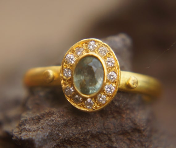 24k gold green sapphire and diamonds ring//multi stone gold ring//sapphire gold ring//diamonds and sapphire ring//artisan 24k gold ring