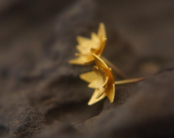 Puede incluir: Primer plano de dos pendientes dorados con forma de flor. Los pendientes están enfocados, con un fondo oscuro borroso. Los pendientes tienen un diseño delicado y detallado, lo que sugiere un tema floral.