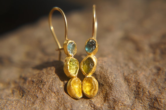 Sale Solid Gold Dangle Earrings blue Green Yellow Gem Earrings