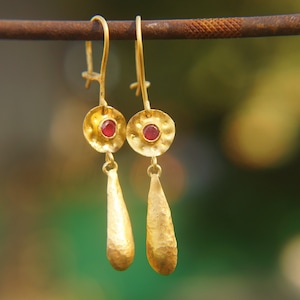 24k Gold dangle ruby earring, hand made one of a kind gold dangle, rustic organic gold earrings, 24k ruby earrings, Gold ruby earrings
