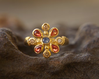 sapphire gold ring//artisan multi stone//red sapphire ring//diamond sapphire gold ring//gold multi stone ring//24k gold ring