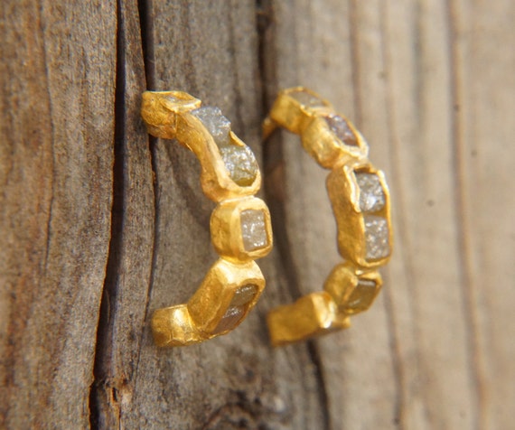 Buy 24k Solid Gold cubic Diamond Hoops 24k Gold Earrings rough