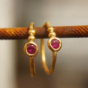Ruby gold hoops 22k solid gold//handmade artisan gold hoops//gold small hoops//gold with ruby hoops//organic 22k gold Ruby hoops earrings