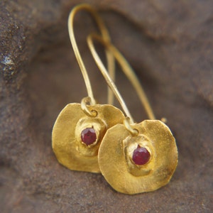 24k Gold dangle ruby earring, hand made one of a kind gold dangle, rustic organic gold earrings, 24k ruby earrings, Gold ruby earrings
