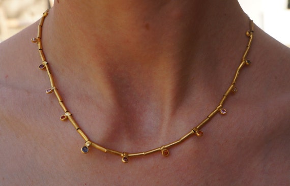 24k gold beaded charm necklace//24k multi stone necklace//24k gold necklace//charm necklace with gem stone//gold beaded necklace