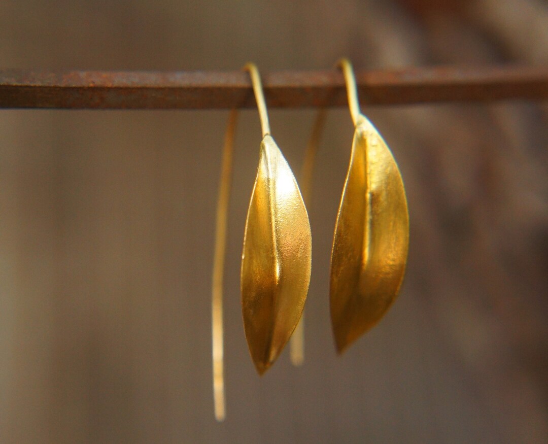 24k Gold Small Leaf Earrings//small Gold Leaf Dangles//24k Hand Made