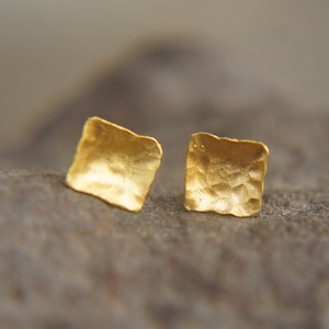 24k gold studs, rectangle earrings, hammered gold studs, artisan gold studs, 24k gold earrings,24k non allergic, solid gold  rectangle studs