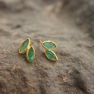 solid 24k gold//marquise emerald Studs// emerald Earrings//gold stud earrings//24k gold earrings//green emerald gold studs//hand made studs image 2