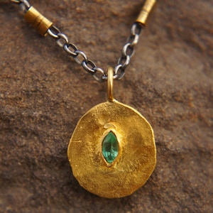 24k gold emerald pendant//round 24k gold emerald necklace//gold marquise emerald pendant//artisan 24k emerald pendant//round gold charm
