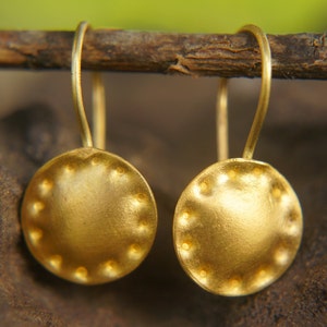 artisan 24k solid Gold dangle Earrings ,Gold circle disc Earrings Earrings 24k Gold Earrings 24k solid Gold Earrings artisan hand made boho