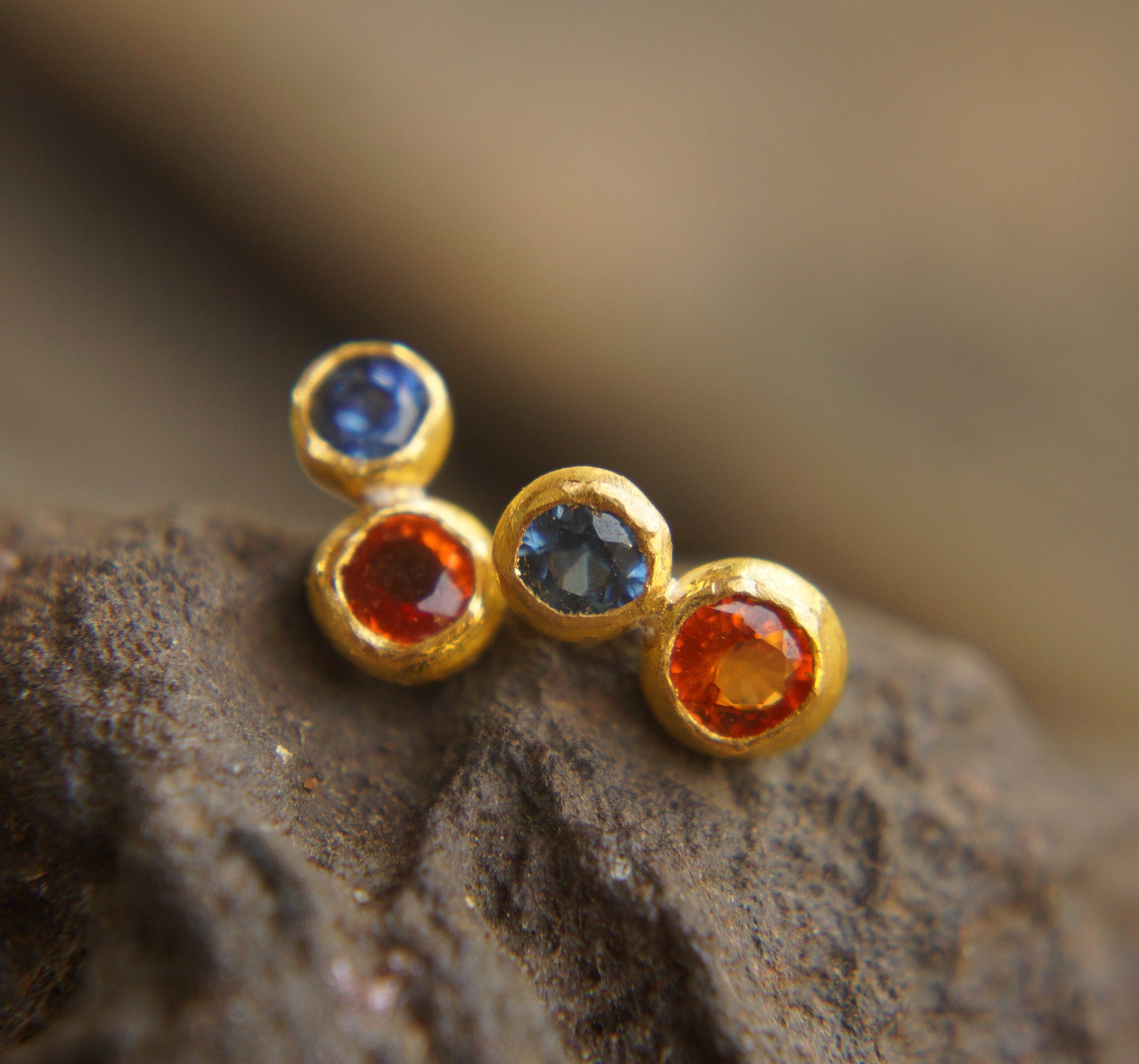24K Gold Studs-Red Blue Sapphire Earrings-Gold Studs - Studs-24K Earrings-Blue Earrings - Stud Earring