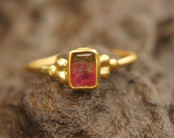 watermelon tourmaline ring, 24k gold ring, 24k gold ring, unique engagement ring, 24k gold gem ring, gold artisan engagement ring, statement