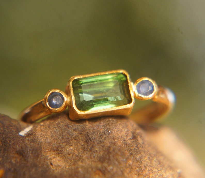 Green Tourmaline Ringblue Sapphire Ring 24k Gold Ring Etsy
