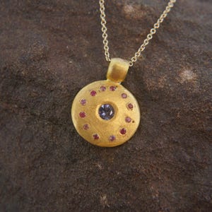 solid 24k gold tanzanite and ruby pendant//gold charm necklace//solid gold pendant//24k gold pendant//solid gold charm//24k gold necklace