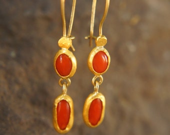 solid 24k gold//red coral Earrings//24k gold coral dangle// 24k gold earrings//red coral earrings//24k gold with stone//solid gold earrings