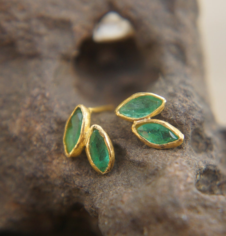 solid 24k gold//marquise emerald Studs// emerald Earrings//gold stud earrings//24k gold earrings//green emerald gold studs//hand made studs image 9