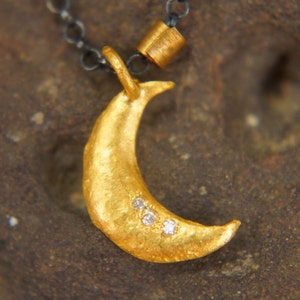 Diamonds moon pendant, gold hammered necklace,organic rustic moon diamonds, one of kind 24k gold, high karat gold,24k gold pendant, heart