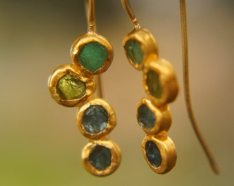 solid gold dangle earrings//blue green gem Earrings//24k Gold Dangle & Drop Earrings//gold tourmaline earrings//24k gold earrings//24k gold