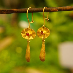 24k Gold dangle ruby earring, hand made one of a kind gold dangle, rustic organic gold earrings, 24k ruby earrings, Gold ruby earrings