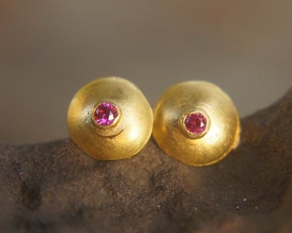 Solid 24k Gold ruby Gold Studs red Ruby Earrings stud Earrings