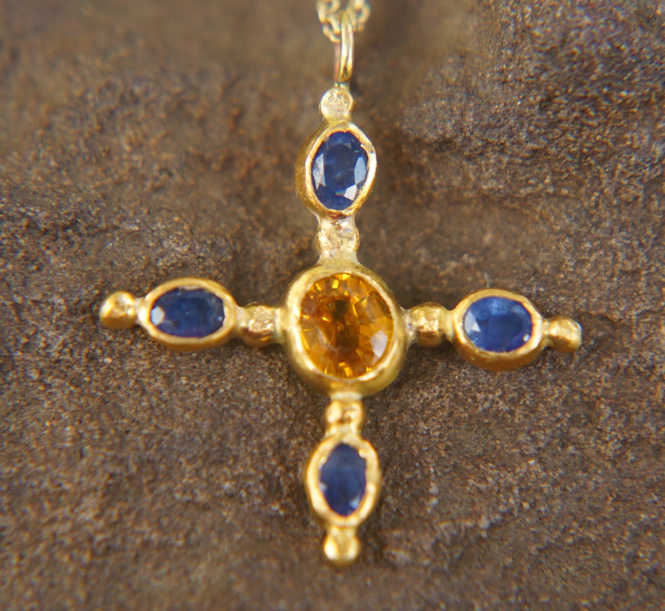 24k gold pendant//blue sapphire cross/gold artisan cross//sapphire gold cross pendant//multi stone cross//gold cross//artisan gold cross
